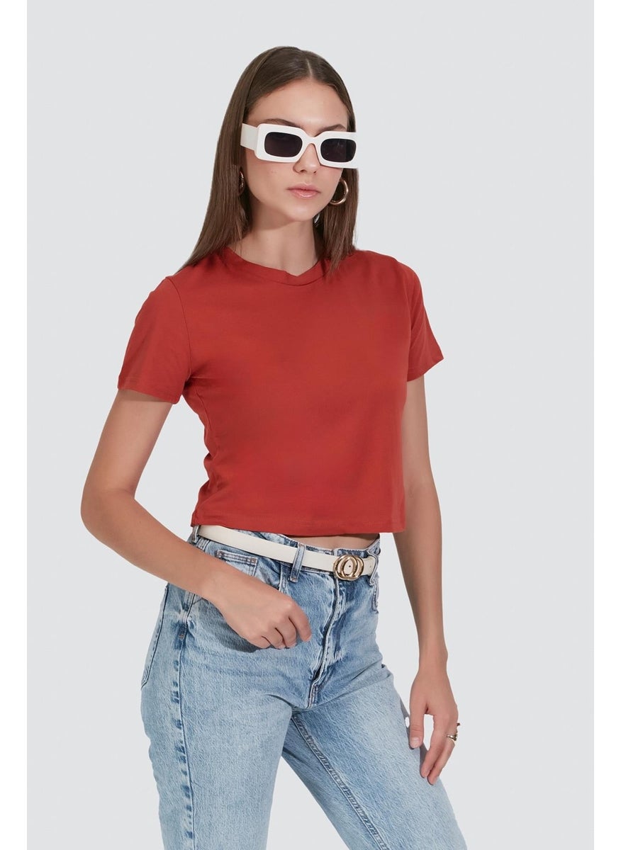 Crew Neck Short Sleeve 2-Piece Crop T-Shirt 956 Brick/Indigo