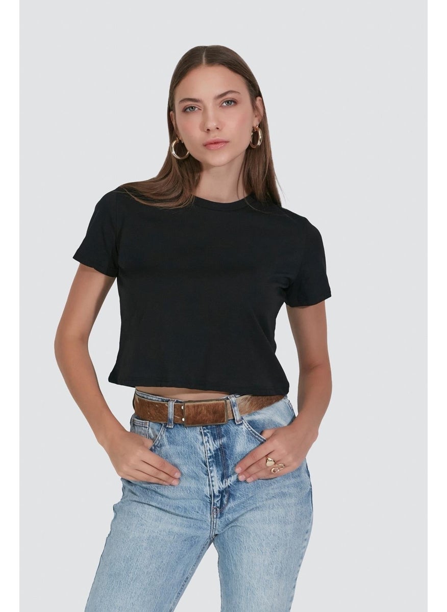 Crew Neck Short Sleeve 2-Piece Crop T-Shirt 956 Black/white