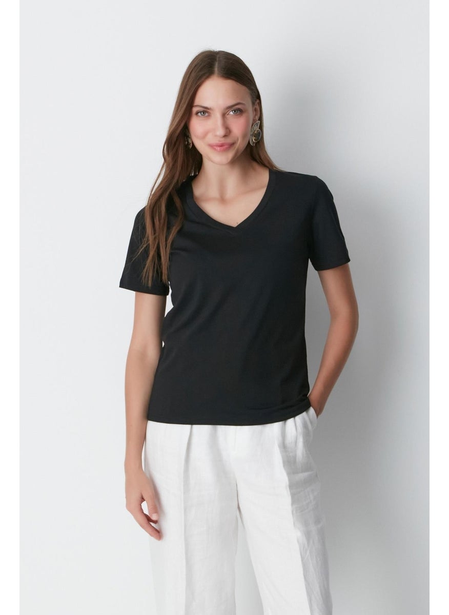 V Neck Short Sleeve 2-Piece Basic T-Shirt 962 Black/White