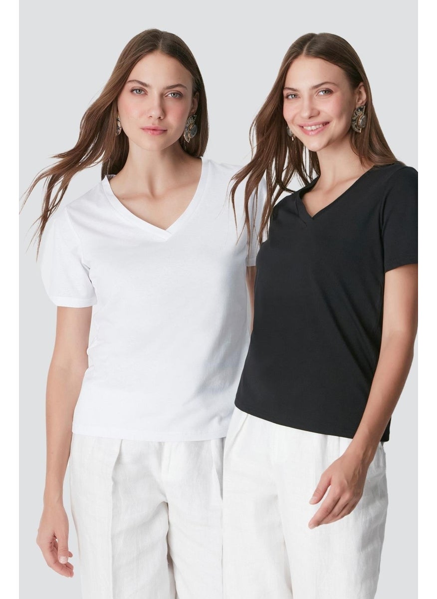 V Neck Short Sleeve 2-Piece Basic T-Shirt 962 Black/White