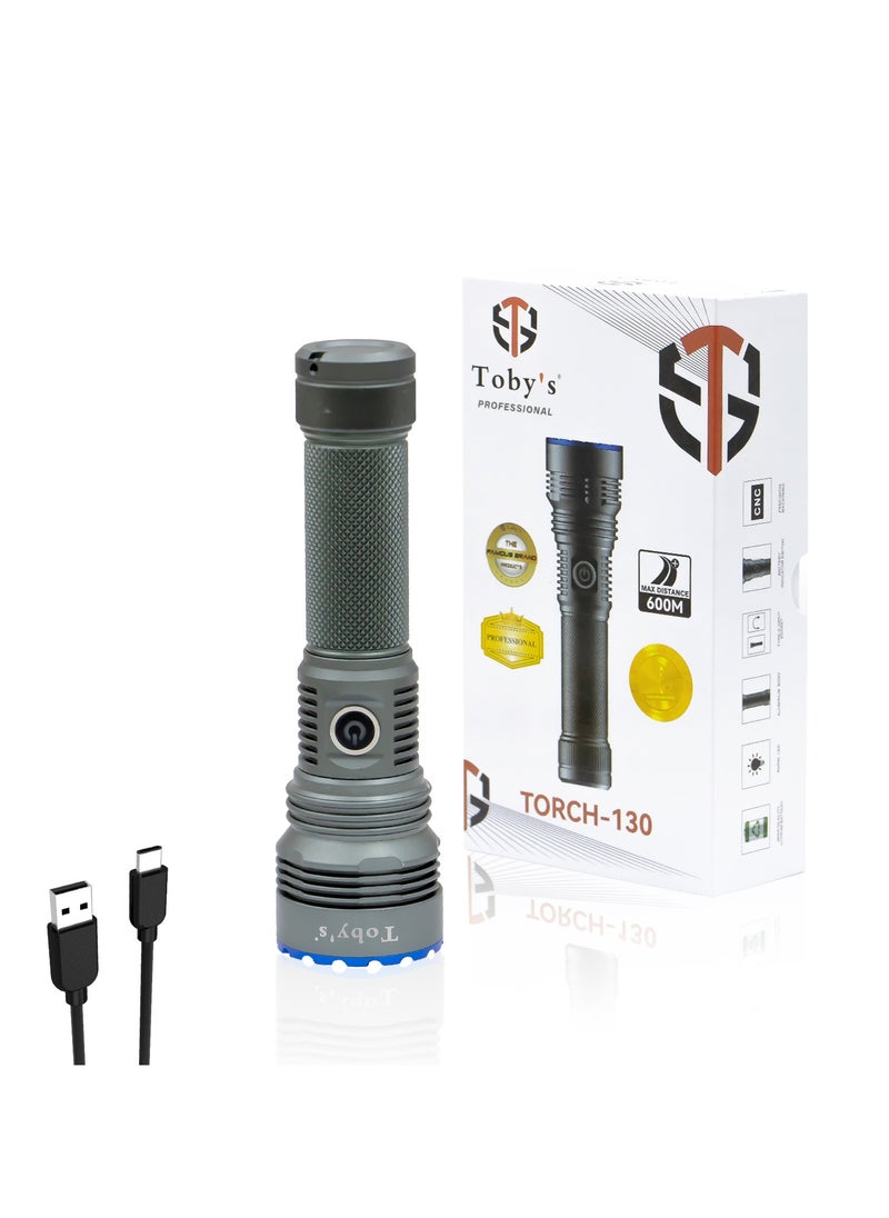 Toby's Torch -130 Rechargeable LED Bright powerful Torch Light High strength Aluminum Alloy and long Lasting battery life best for camping and outdoor activities