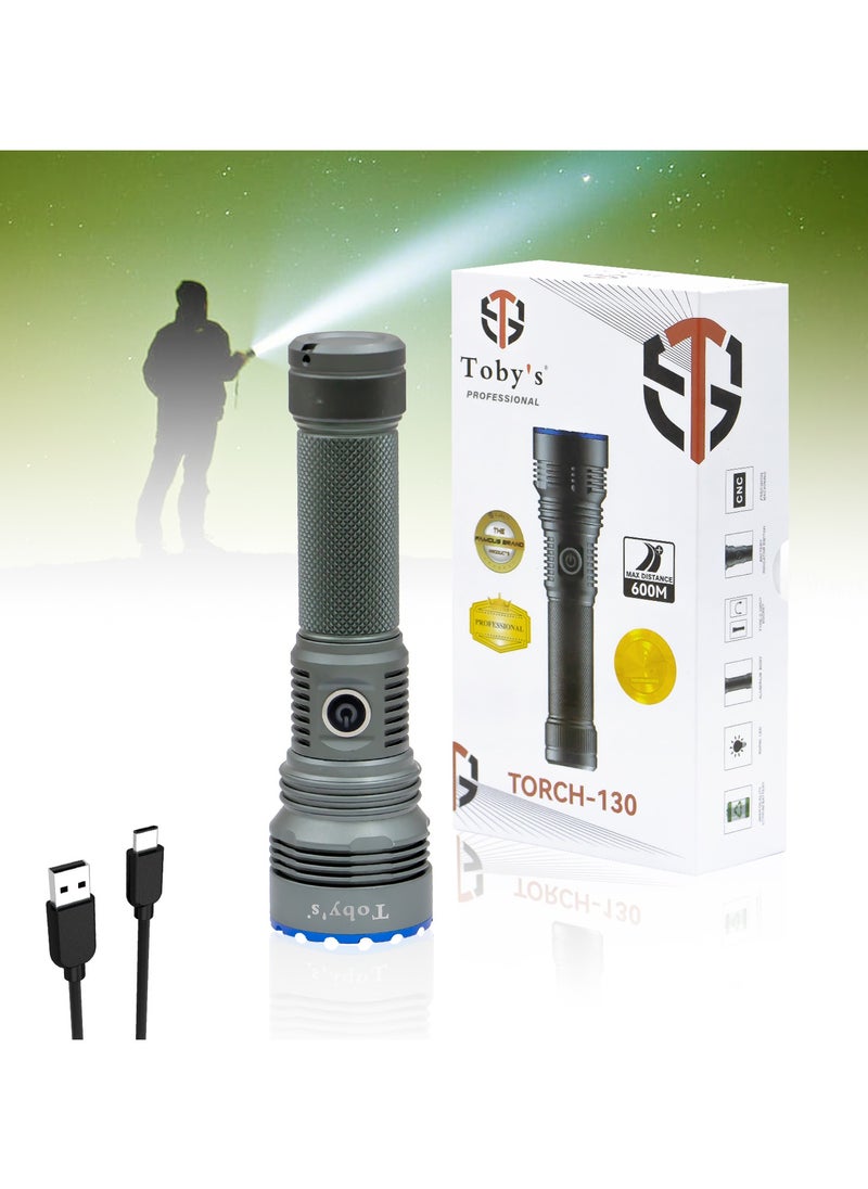 Toby's Torch -130 Rechargeable LED Bright powerful Torch Light High strength Aluminum Alloy and long Lasting battery life best for camping and outdoor activities