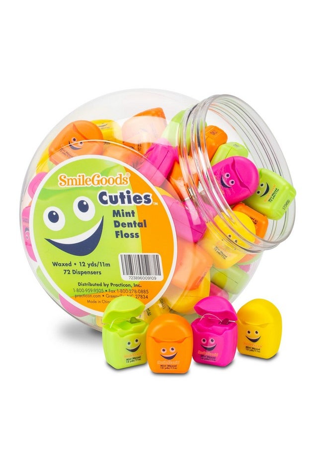 Smilegoods Cuties Mint Waxed 12 Yard Dental Floss, Mini Sample Size Floss For Giveaways, Travel, Kids, Adults, Patients, Assorted Bright Colors With Display Canister, Bulk 72 Pack