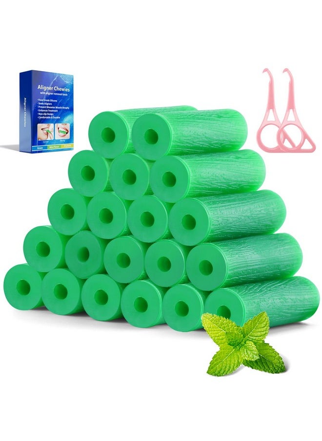 Aligner Chewies For Invisalign Aligners - Mint Scented & Aligner Removal Tools (Green Chewies 20Pcs + Remover Tools 2Pcs)