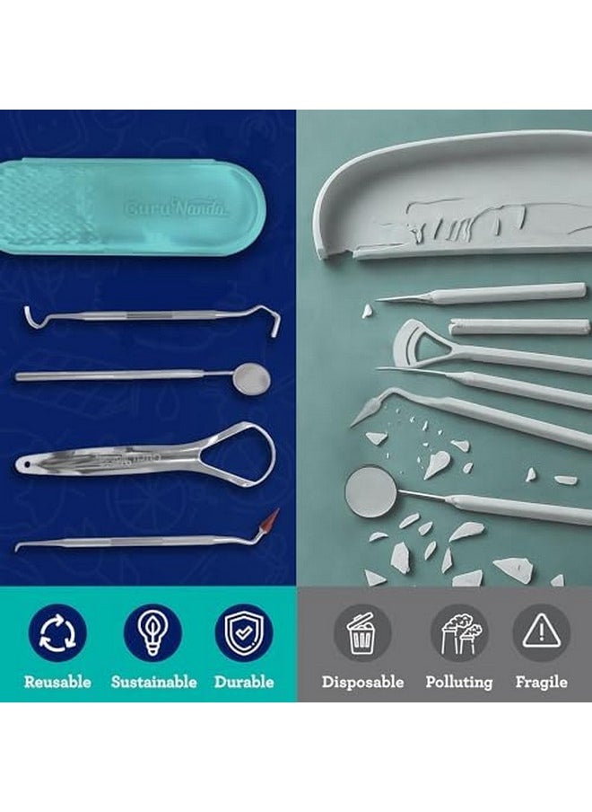 Professional 100% Stainless Steel Dental Kit With Tongue Scraper, Dental Mirror, Dental Scaler & Gum Stimulator - 4 Piece Dental Tools Set