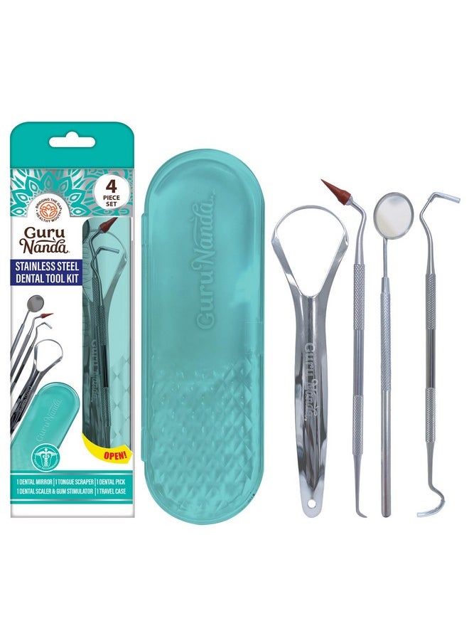 Professional 100% Stainless Steel Dental Kit With Tongue Scraper, Dental Mirror, Dental Scaler & Gum Stimulator - 4 Piece Dental Tools Set