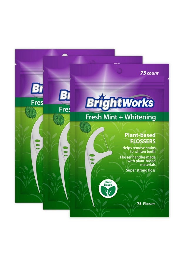 Rightworks Fresh Mint + Whitening Dental Flossers With Plant-Based Handles, Super-Strong Floss And Mint-Flavored Floss With Micro-Crystals, 75 Count (Pack Of 3)