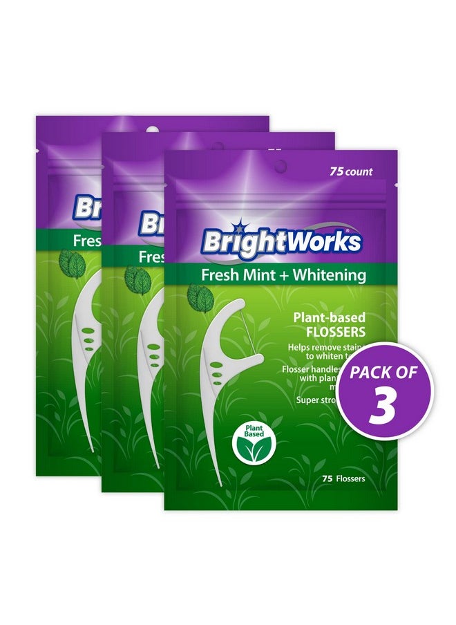 Rightworks Fresh Mint + Whitening Dental Flossers With Plant-Based Handles, Super-Strong Floss And Mint-Flavored Floss With Micro-Crystals, 75 Count (Pack Of 3)