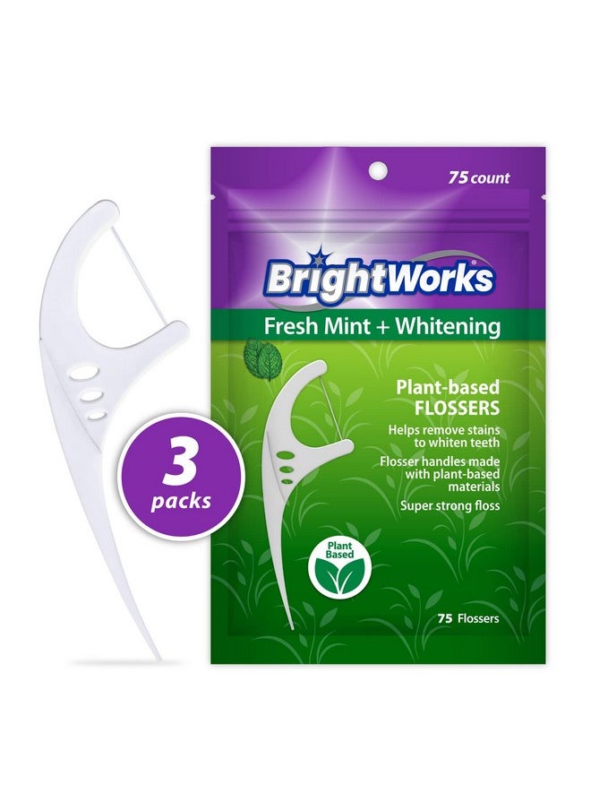 Rightworks Fresh Mint + Whitening Dental Flossers With Plant-Based Handles, Super-Strong Floss And Mint-Flavored Floss With Micro-Crystals, 75 Count (Pack Of 3)