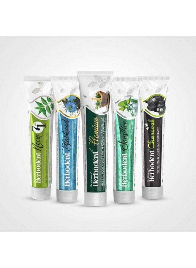 Rganic Herbs Toothpaste Combo | Herbodent® Premium | Herbodent® Sensitive | Herbodent® Blackseed | Herbodent® Charcoal | Herbodent® Neem 7 In 1 Toothpaste- 1 Of Each Variant In Big Size