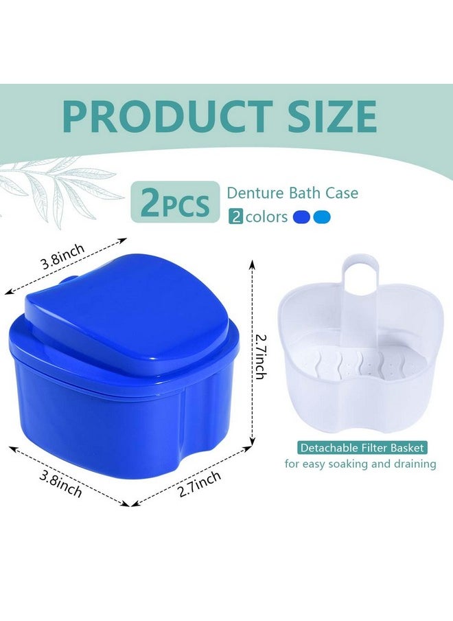 2 Pack Denture Bath Cup Case Box Holder Storage Soak Container With Strainer Basket For Retainerstravel False Teeth Cleaning (Blue, Green)