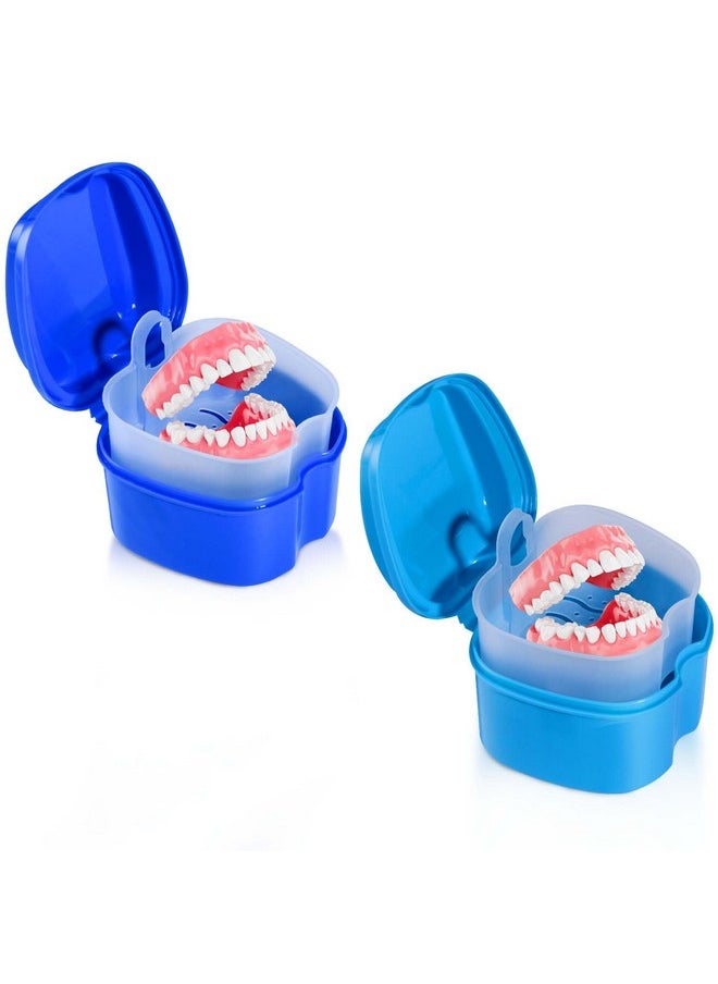 2 Pack Denture Bath Cup Case Box Holder Storage Soak Container With Strainer Basket For Retainerstravel False Teeth Cleaning (Blue, Green)