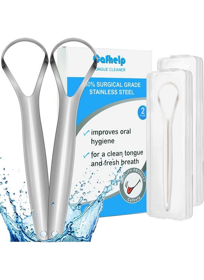 2-Pack Tongue Scraper, 100% Useful Surgical Stainless Steel Tongue Cleaner For Both Adults And Kids, Professional Reduce Bad Breath Metal Tongue Scrapers, Help Your Oral Hygiene (With 2 Cases)