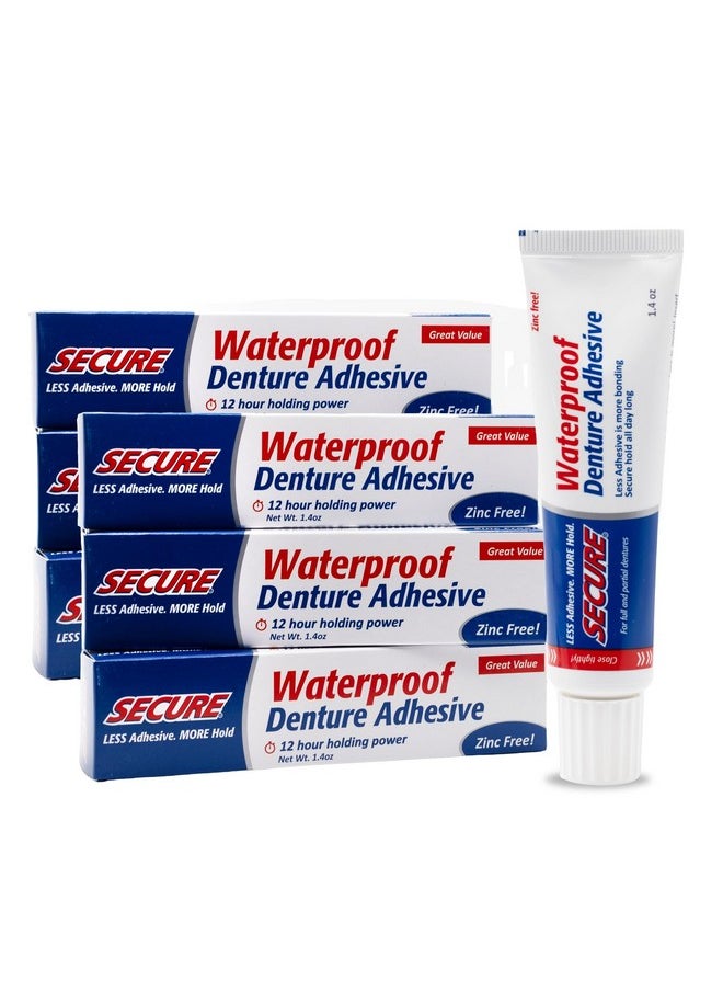 Waterproof Denture Adhesive - Zinc Free - Extra Strong Hold For Upper, Lower Or Partials - 1.4 Oz (Pack Of 5)