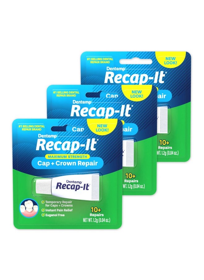 Recap-It Cap And Crown Repair Dental Kit - Fast Acting Formula Dental Cement For Loose Caps (Pack Of 3) - Temporary Cement For Crown And Bridge