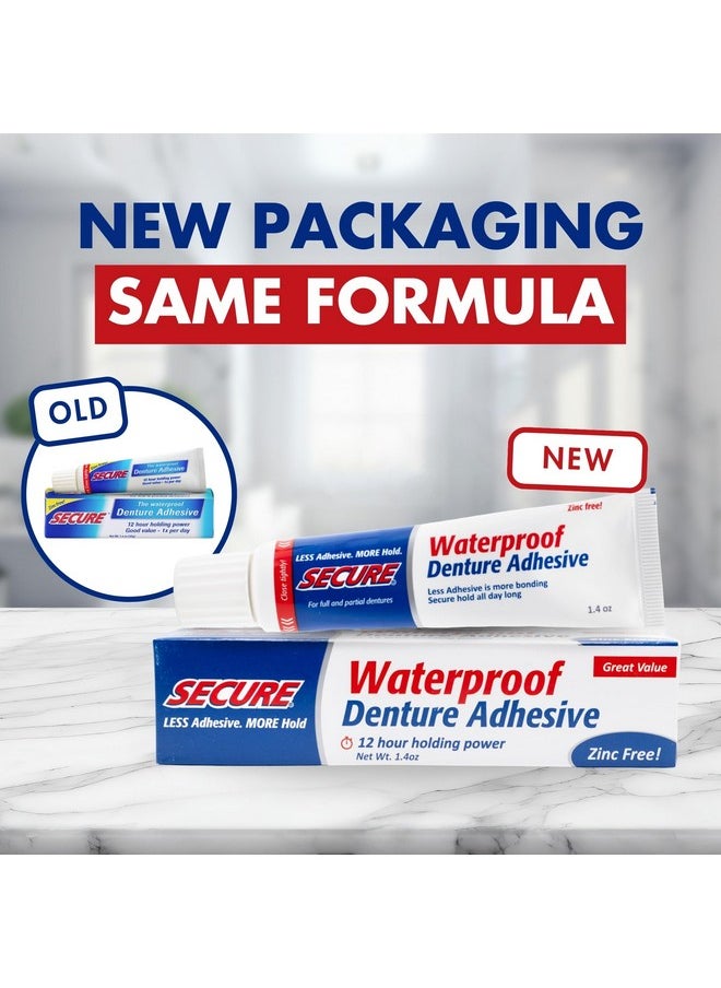 Waterproof Denture Adhesive - Zinc Free - Extra Strong Hold For Upper, Lower Or Partials - 1.4 Oz