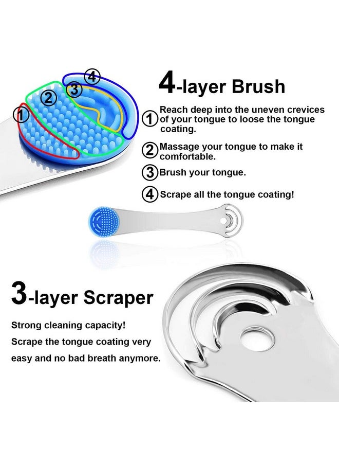 Tongue Scraper For Adults&Kids, Durable Food Grade 2 In 1 Silicone Tongue Brush And 100% Stainless Steel Tongue Scrapers, Reduce Bad Breath