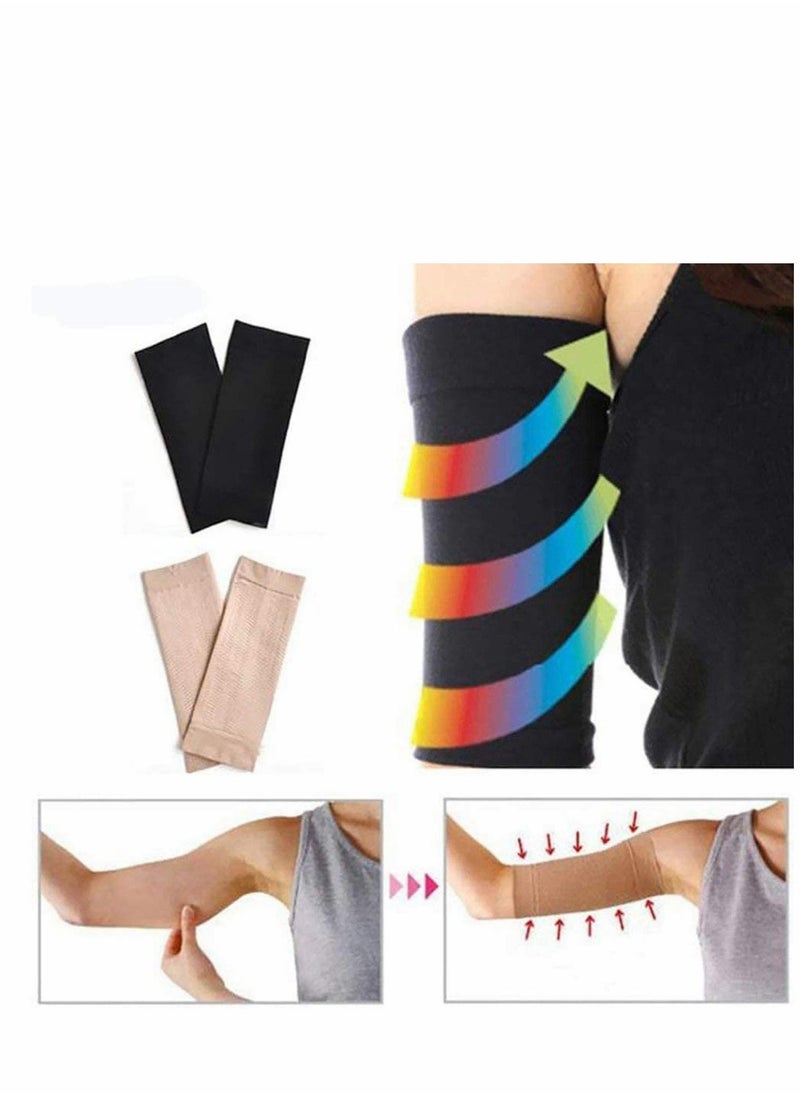 2 Pairs Slimming Compression Arm Shaper Burn Fat Weight Loss Arm Former Fat Buster Off Cellulite Slimming Wrap Belt Band for Women Lady Girls (Black and Flesh Color)