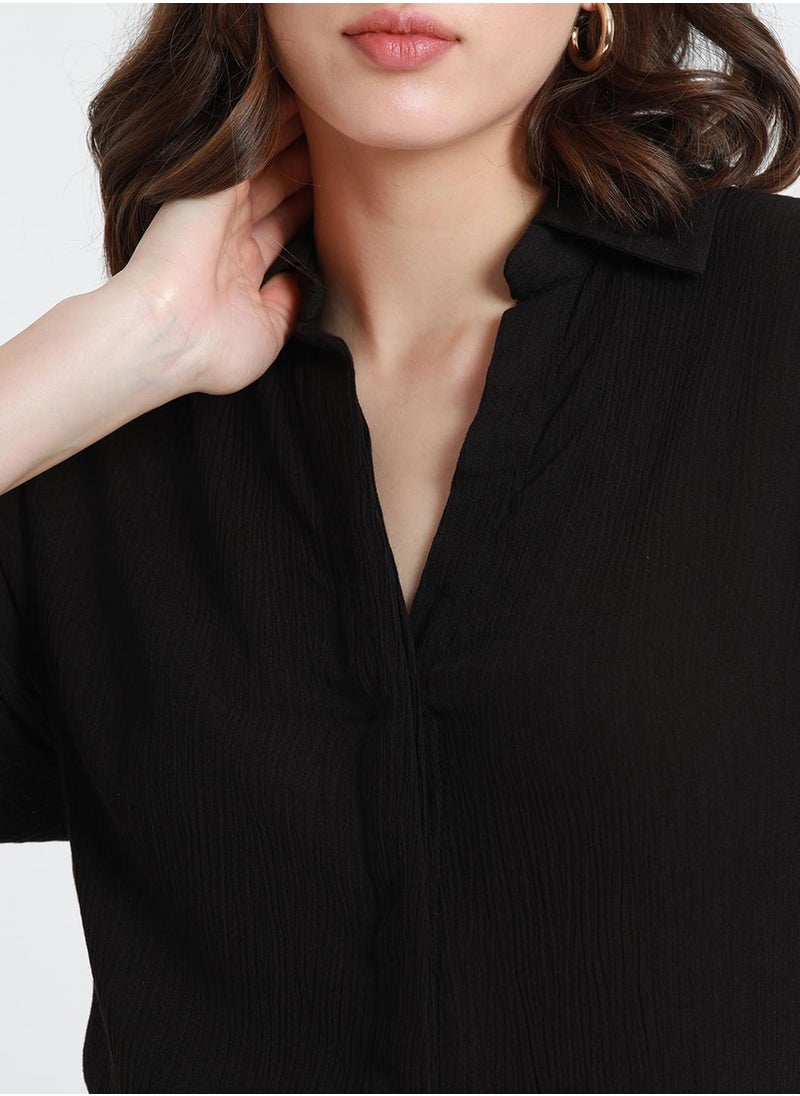 Black Relaxed Fit Shirt for Women - Viscose Crepe, Full Sleeves, Shirt Collar, Solid, Casual, Wash Care