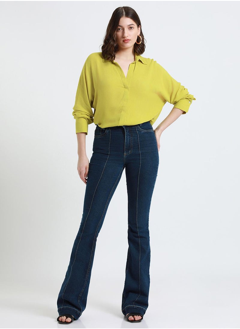 Lime Green Relaxed Fit Shirt for Women - Viscose Crepe, Full Sleeves, Shirt Collar, Solid, Casual, Wash Care