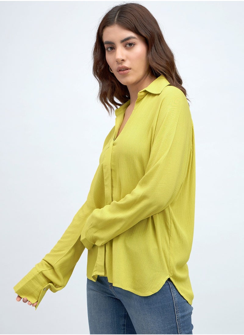 Lime Green Relaxed Fit Shirt for Women - Viscose Crepe, Full Sleeves, Shirt Collar, Solid, Casual, Wash Care