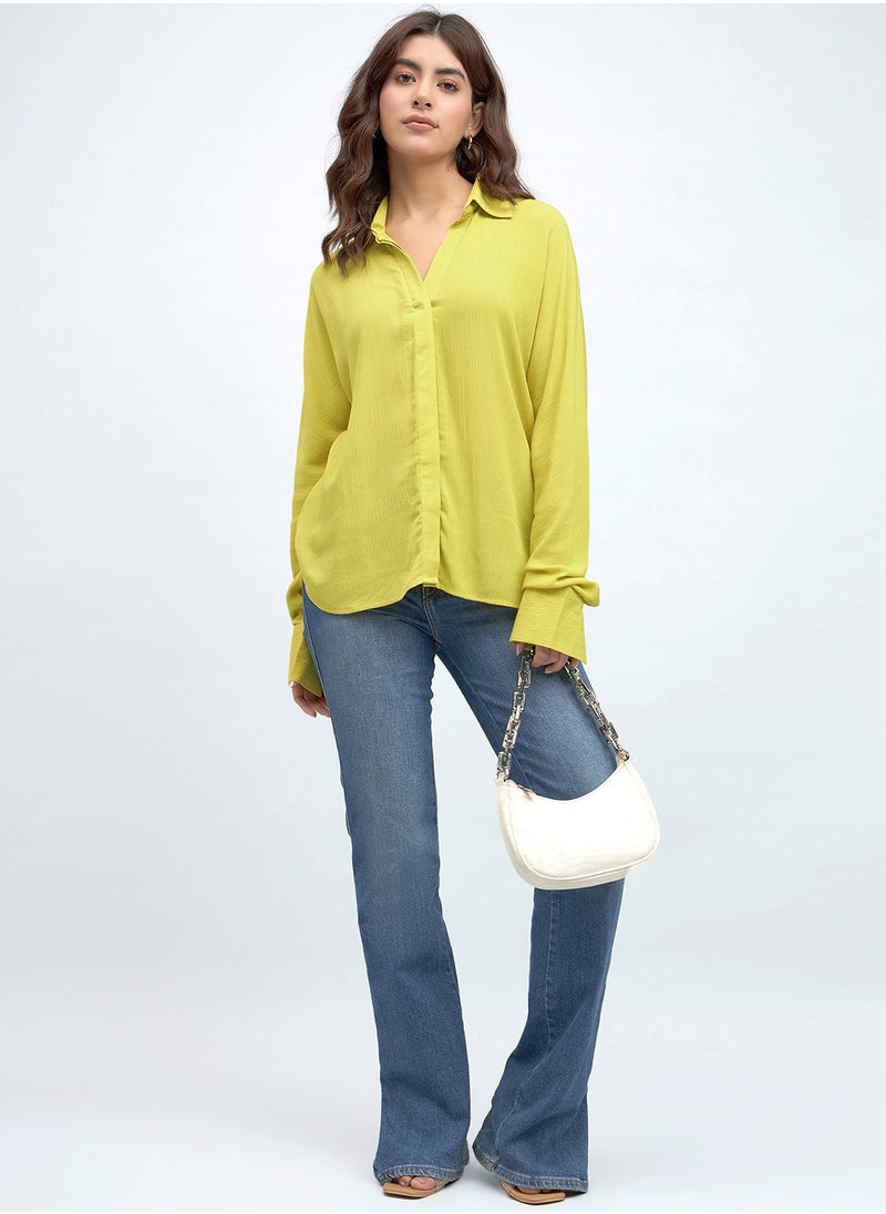 Lime Green Relaxed Fit Shirt for Women - Viscose Crepe, Full Sleeves, Shirt Collar, Solid, Casual, Wash Care
