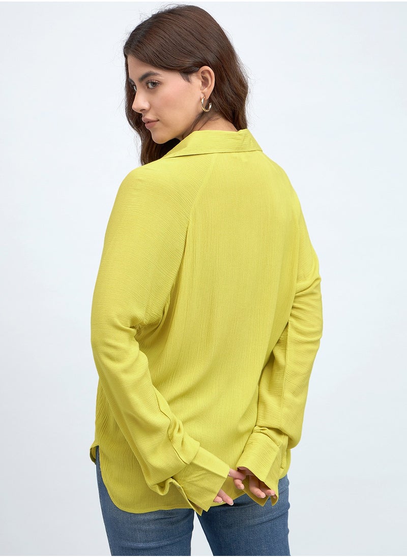Lime Green Relaxed Fit Shirt for Women - Viscose Crepe, Full Sleeves, Shirt Collar, Solid, Casual, Wash Care