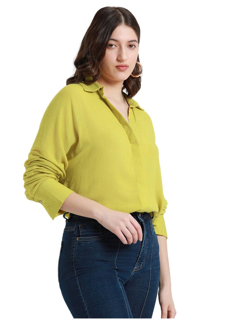 Lime Green Relaxed Fit Shirt for Women - Viscose Crepe, Full Sleeves, Shirt Collar, Solid, Casual, Wash Care