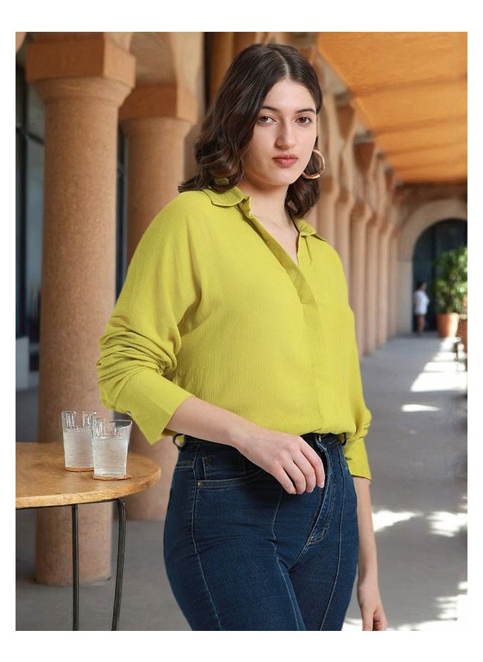 Lime Green Relaxed Fit Shirt for Women - Viscose Crepe, Full Sleeves, Shirt Collar, Solid, Casual, Wash Care