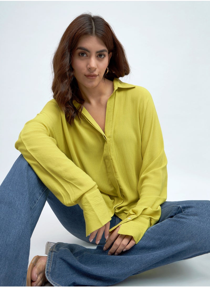 Lime Green Relaxed Fit Shirt for Women - Viscose Crepe, Full Sleeves, Shirt Collar, Solid, Casual, Wash Care