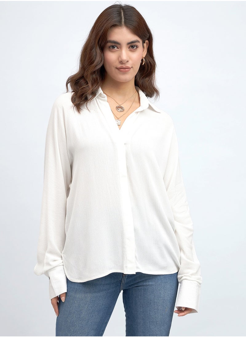 White Relaxed Fit Shirt for Women - Viscose Crepe, Full Sleeves, Shirt Collar, Solid, Casual,