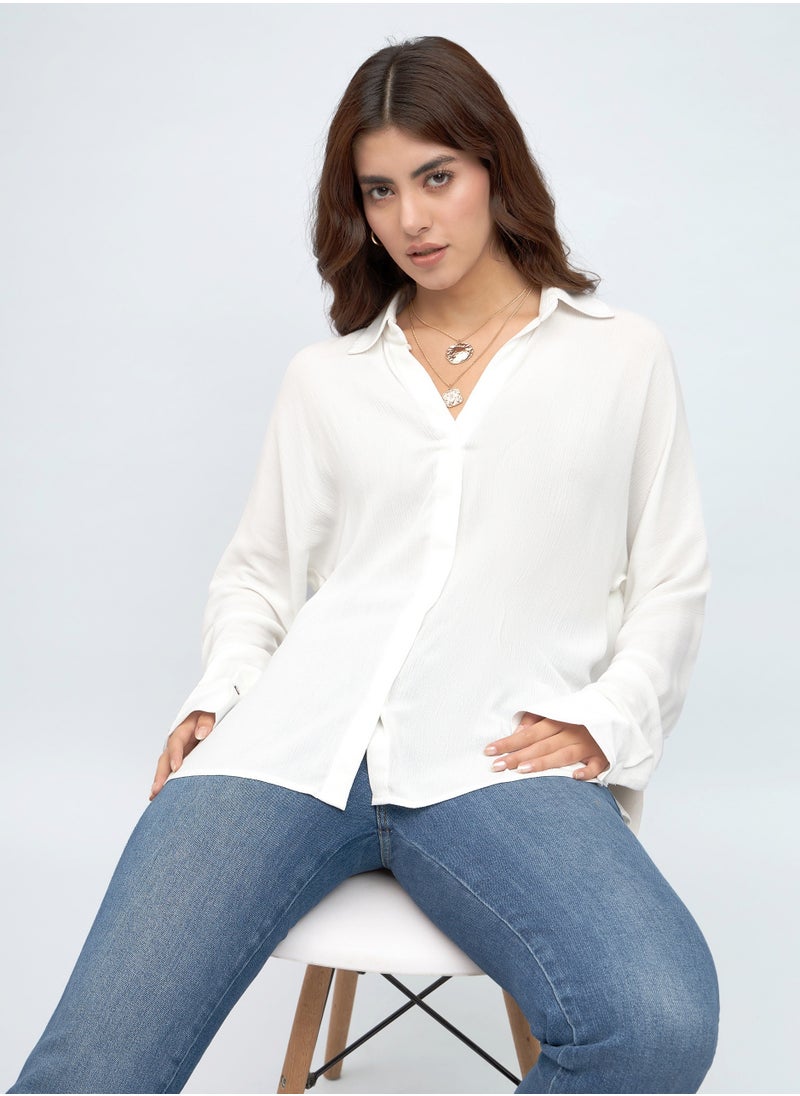 White Relaxed Fit Shirt for Women - Viscose Crepe, Full Sleeves, Shirt Collar, Solid, Casual,