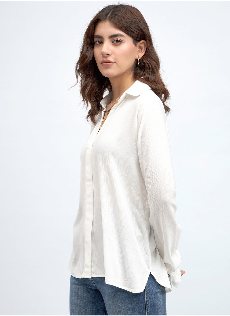 White Relaxed Fit Shirt for Women - Viscose Crepe, Full Sleeves, Shirt Collar, Solid, Casual,
