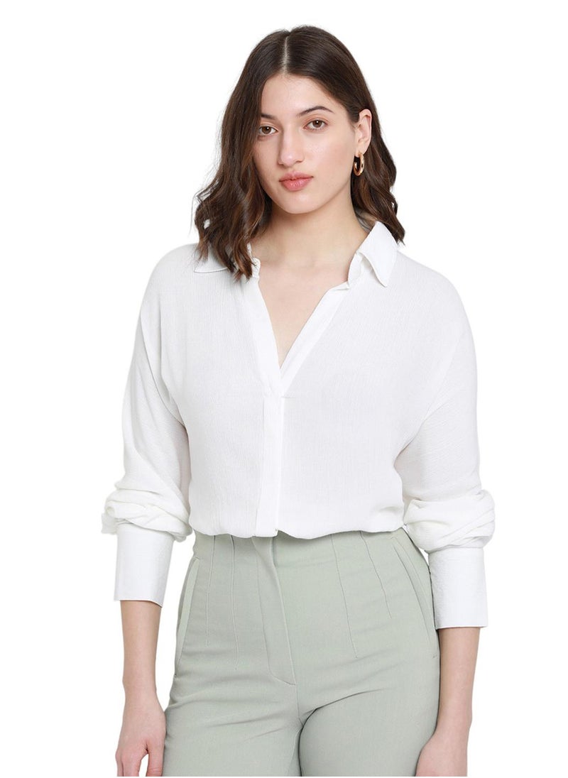 White Relaxed Fit Shirt for Women - Viscose Crepe, Full Sleeves, Shirt Collar, Solid, Casual, Machine Wash