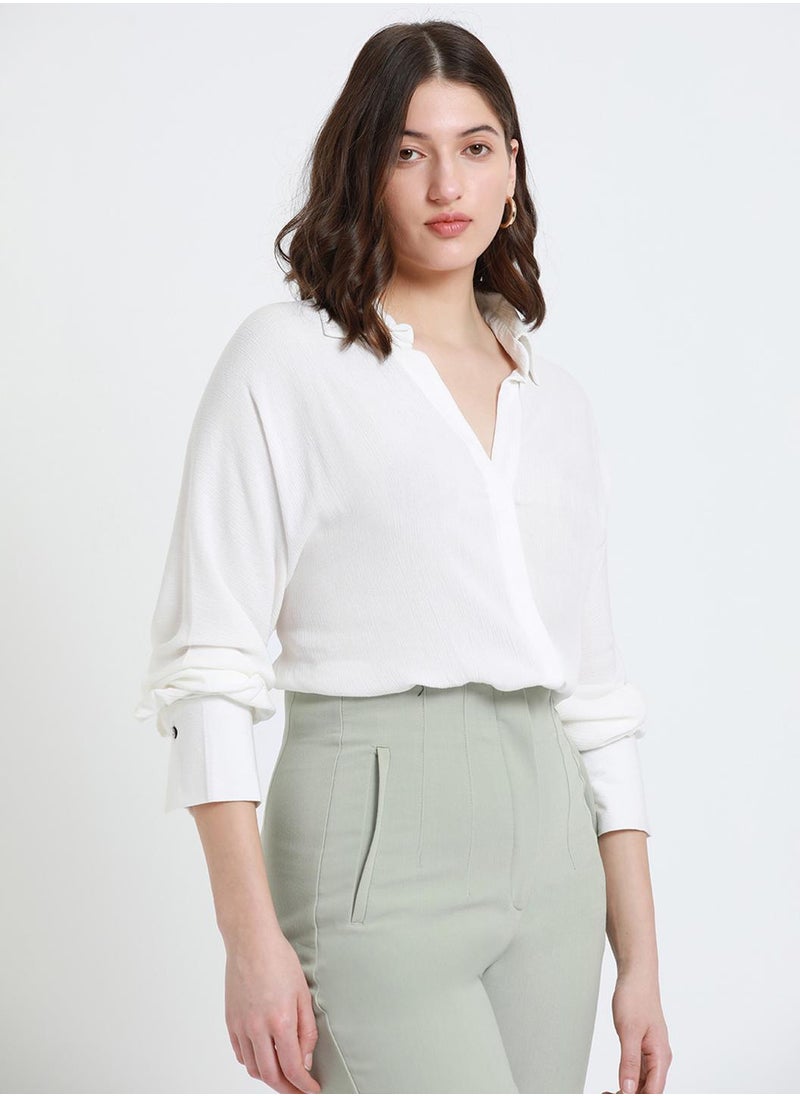 White Relaxed Fit Shirt for Women - Viscose Crepe, Full Sleeves, Shirt Collar, Solid, Casual, Machine Wash