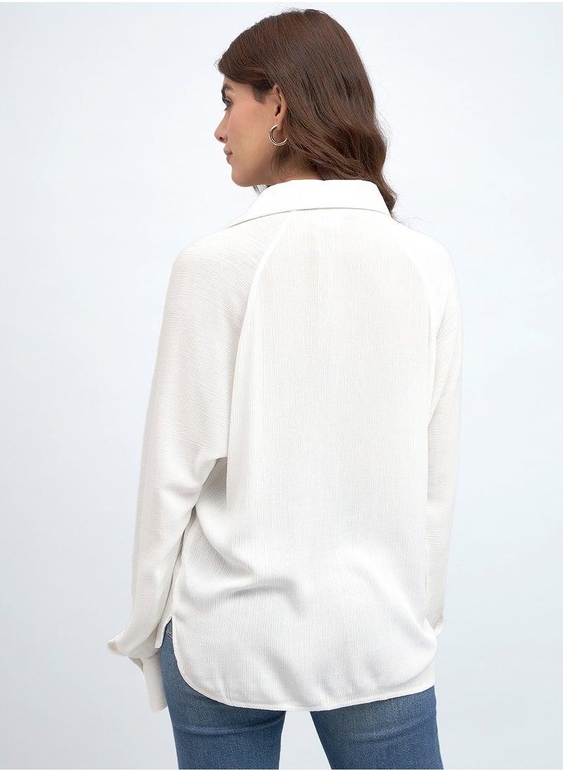 White Relaxed Fit Shirt for Women - Viscose Crepe, Full Sleeves, Shirt Collar, Solid, Casual,