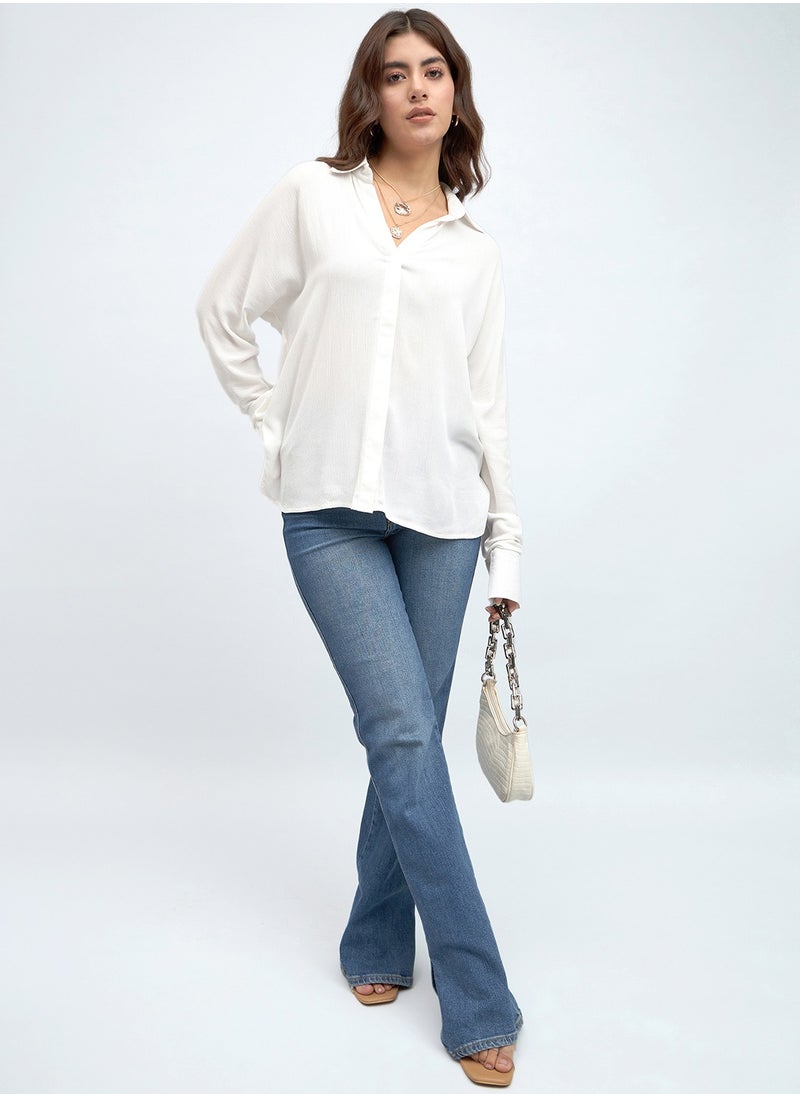 White Relaxed Fit Shirt for Women - Viscose Crepe, Full Sleeves, Shirt Collar, Solid, Casual,