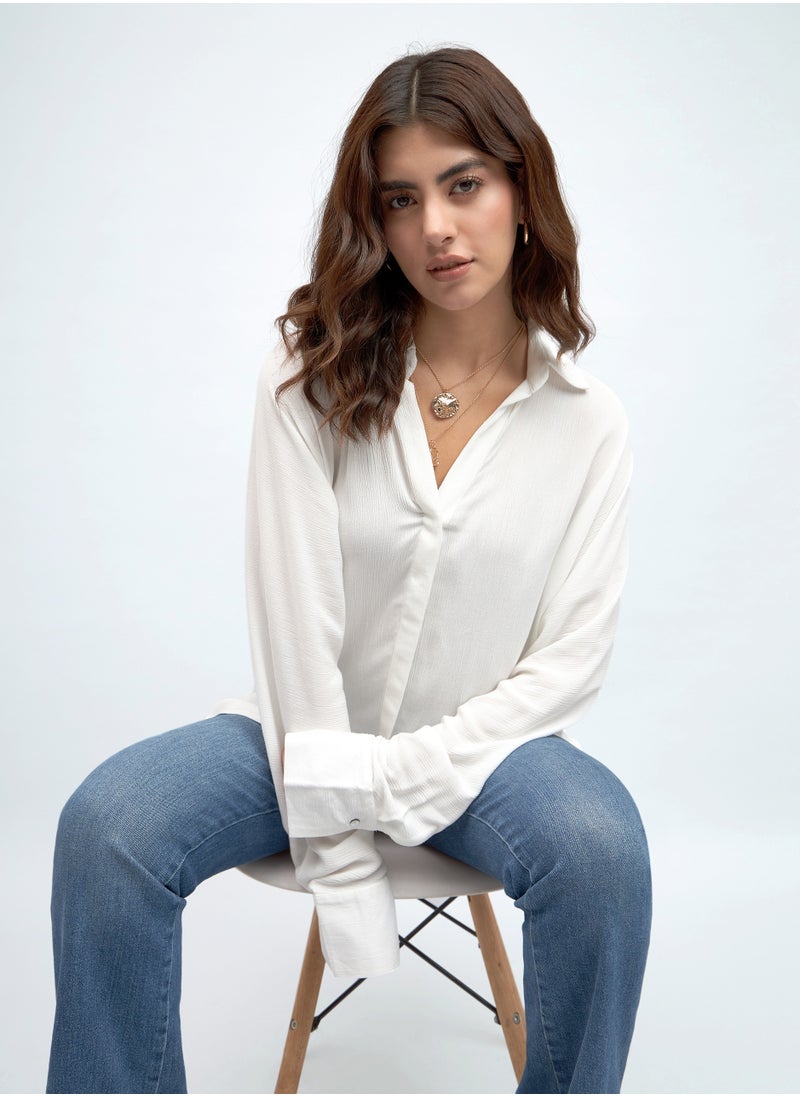 White Relaxed Fit Shirt for Women - Viscose Crepe, Full Sleeves, Shirt Collar, Solid, Casual,