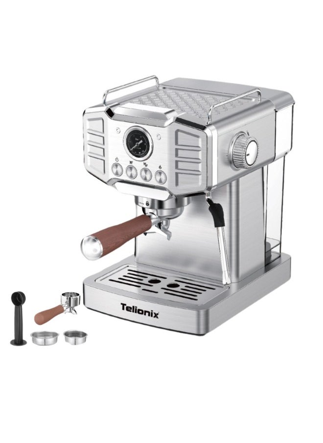 Telionix Espresso Machine, 20-Bar Coffee Maker with ULKA Pump, Stainless Steel Housing, 1.8L Detachable Water Tank, Pressure Gauge, Dual Filters for Ground Coffee and Espresso