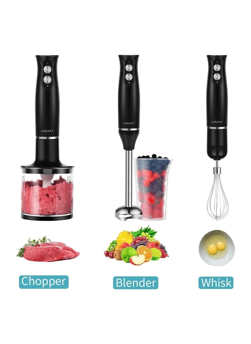 4-in-1 Portable Mixer Set Includes multifunctional stand mixer, whisk, chopper and measuring cup for food processing and baby food mixing.