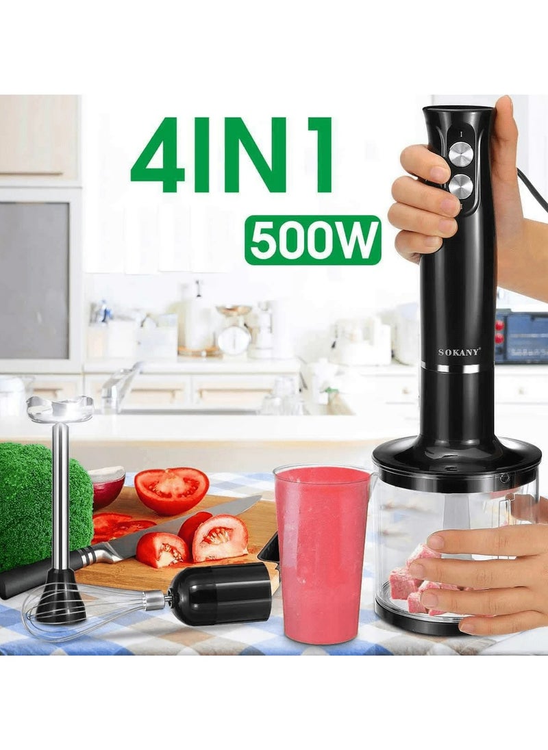 4-in-1 Portable Mixer Set Includes multifunctional stand mixer, whisk, chopper and measuring cup for food processing and baby food mixing.