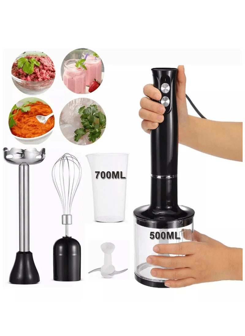 4-in-1 Portable Mixer Set Includes multifunctional stand mixer, whisk, chopper and measuring cup for food processing and baby food mixing.