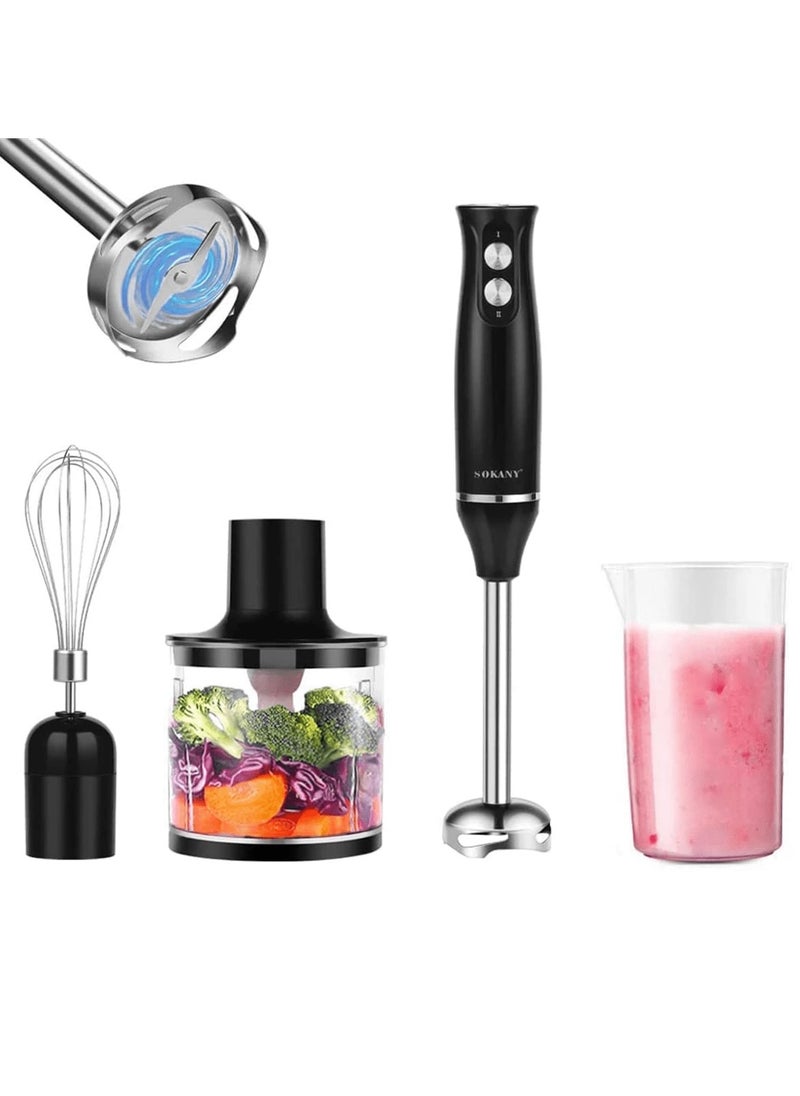 4-in-1 Portable Mixer Set Includes multifunctional stand mixer, whisk, chopper and measuring cup for food processing and baby food mixing.