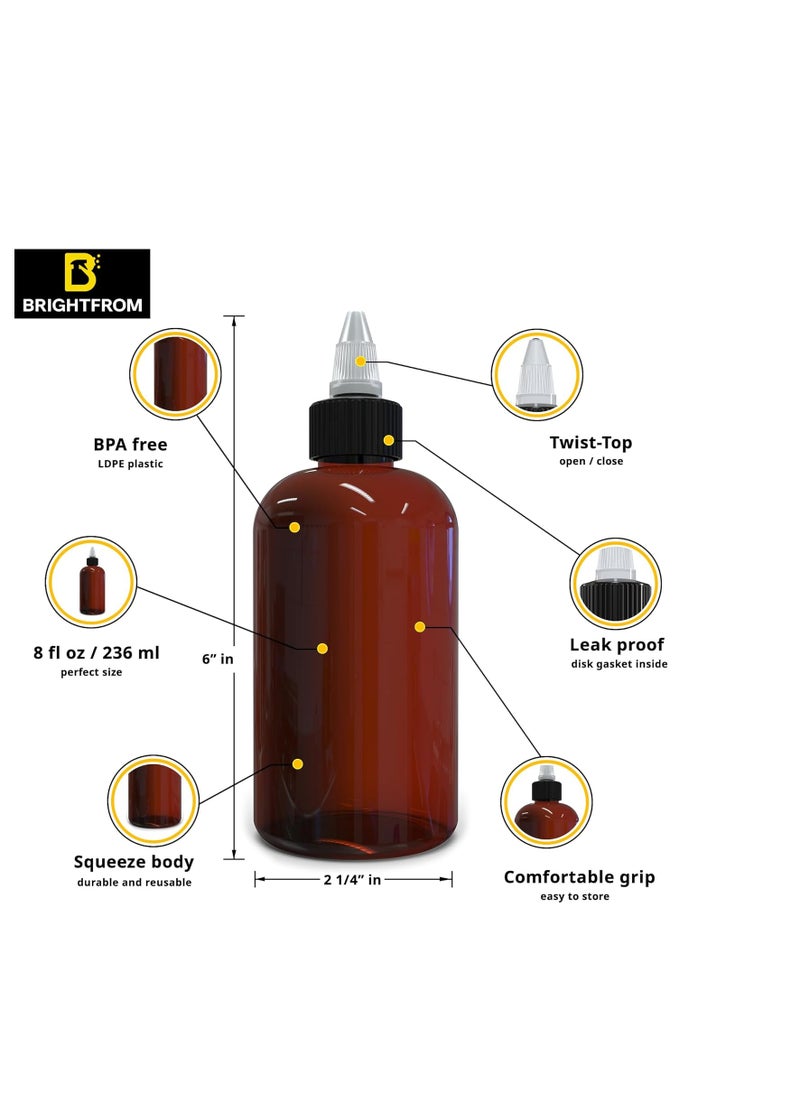 BRIGHTFROM Twist Top Applicator Bottles, 8 OZ Amber, Squeeze Empty Round Plastic Bottles, BPA-Free, PET, Refillable, Open/Close Nozzle (Black) - Multi Purpose (Pack of 2)