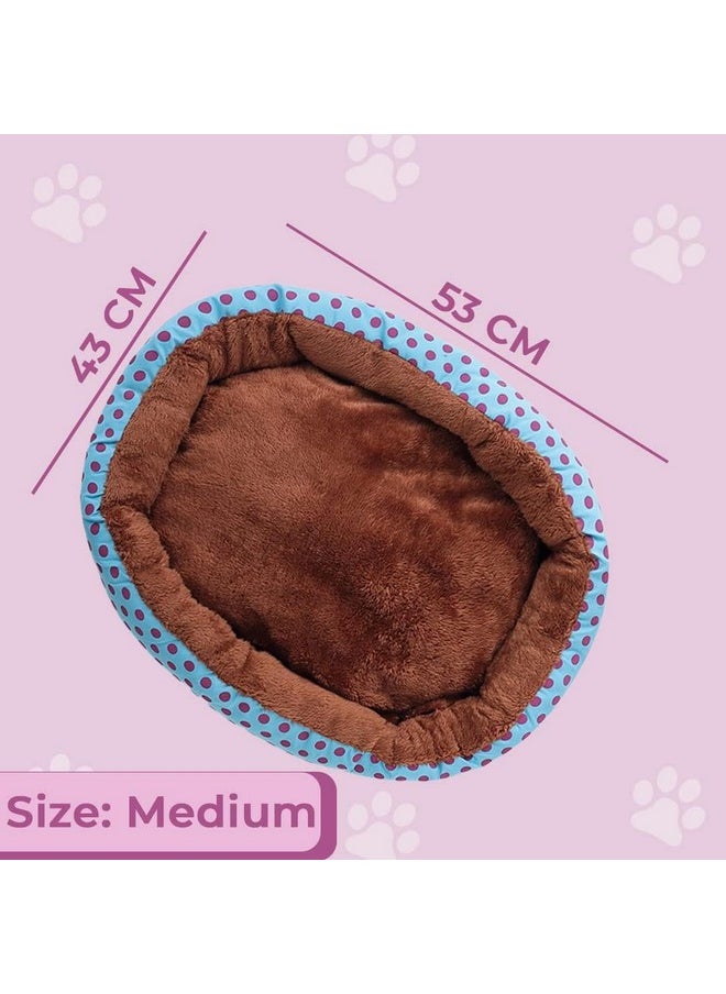 Dog & Cat Bed|Soft Plush Top Pet Bed|Oxford Cloth With High-Quality Polyester Filling|Medium Washable Dog Bed|Circular Cat Bed With Rise-Edge Pillow|Qy039Bc-M|Blue & Coffee