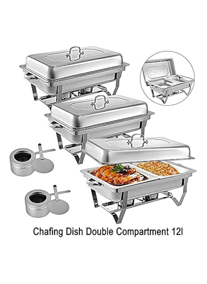 12-litre Double Compartment Chafing Dish | Stainless Steel Food Warmer | Food Warmer with Fuel Holder | Buffet Server | Food Warmer| Warming Tray | Hot Plate | Chafer