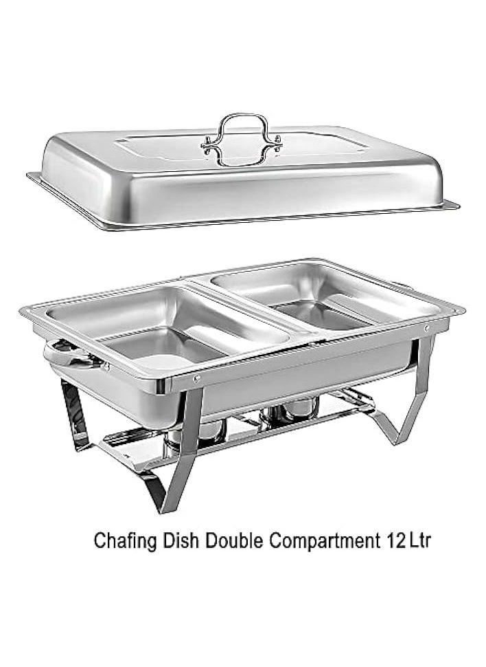 12-litre Double Compartment Chafing Dish | Stainless Steel Food Warmer | Food Warmer with Fuel Holder | Buffet Server | Food Warmer| Warming Tray | Hot Plate | Chafer