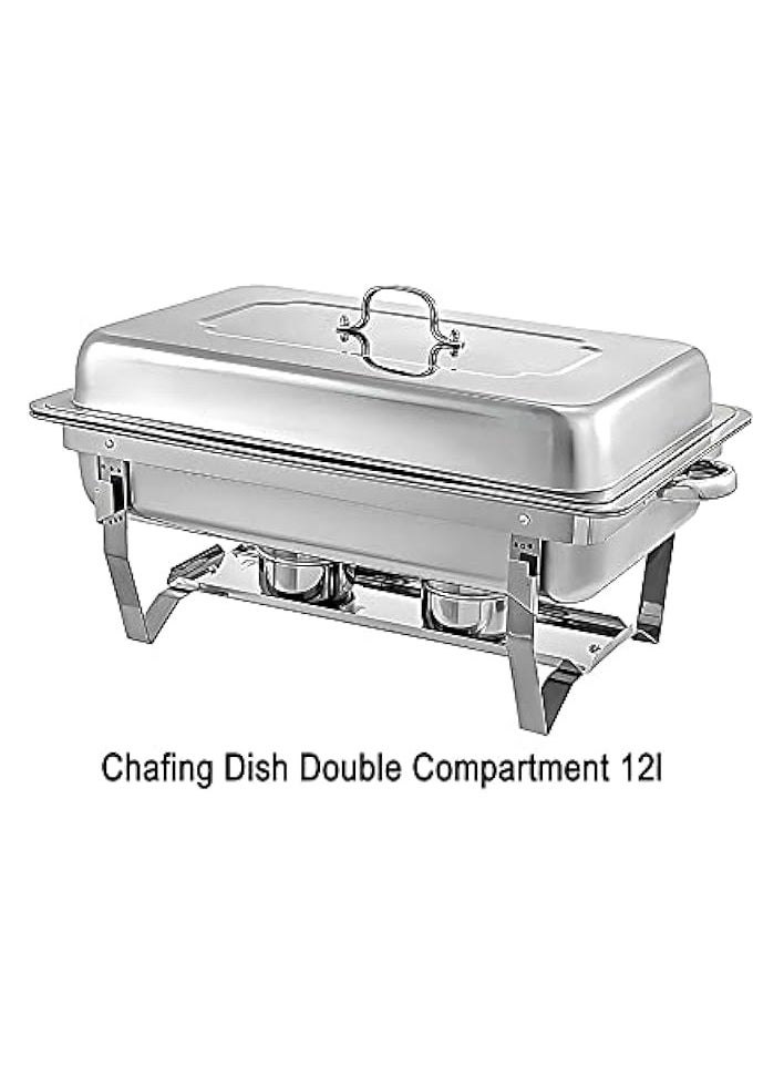 12-litre Double Compartment Chafing Dish | Stainless Steel Food Warmer | Food Warmer with Fuel Holder | Buffet Server | Food Warmer| Warming Tray | Hot Plate | Chafer