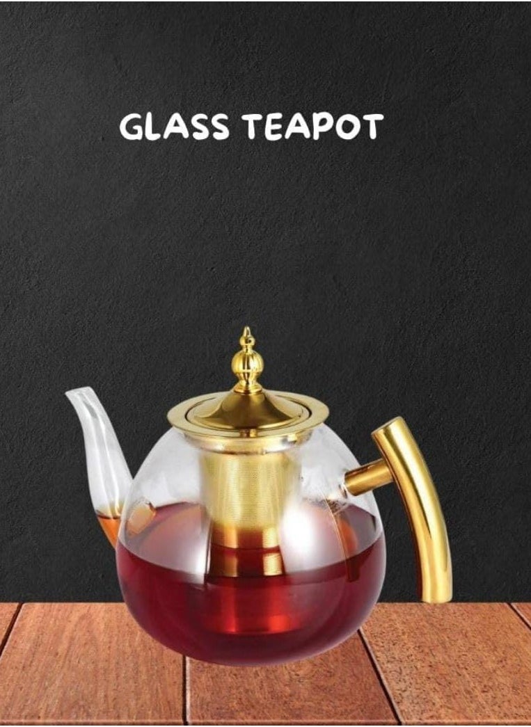 Traditional Arabic Glass Tea Pot with Steel Handle Stovetop with Removable Infuser 1200ML– Elegant Heat-Resistant Borosilicate Glass Kettle for Tea & Coffee, Ideal for Gifting, Home, and Office Use – Classic Middle Eastern Design