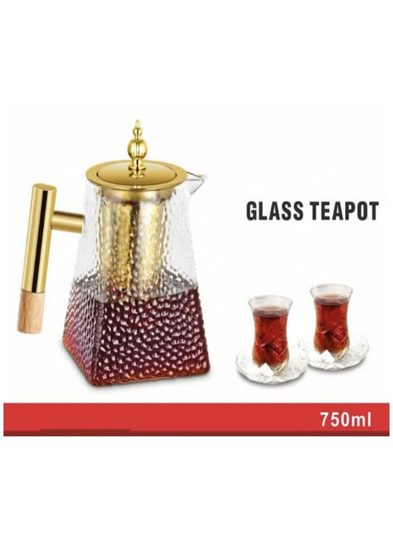 Traditional Arabic Glass Tea Pot – 750ml Stove-Top Safe Borosilicate Glass Kettle with Steel Handle and Elegant Arabic Design – Ideal for Tea, Coffee, and Gifting